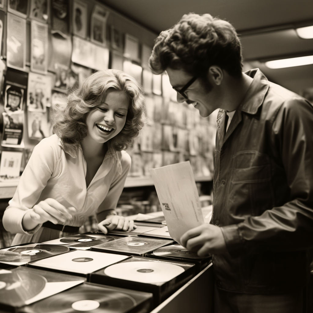 Woman enthusiastically recommending a vinyl