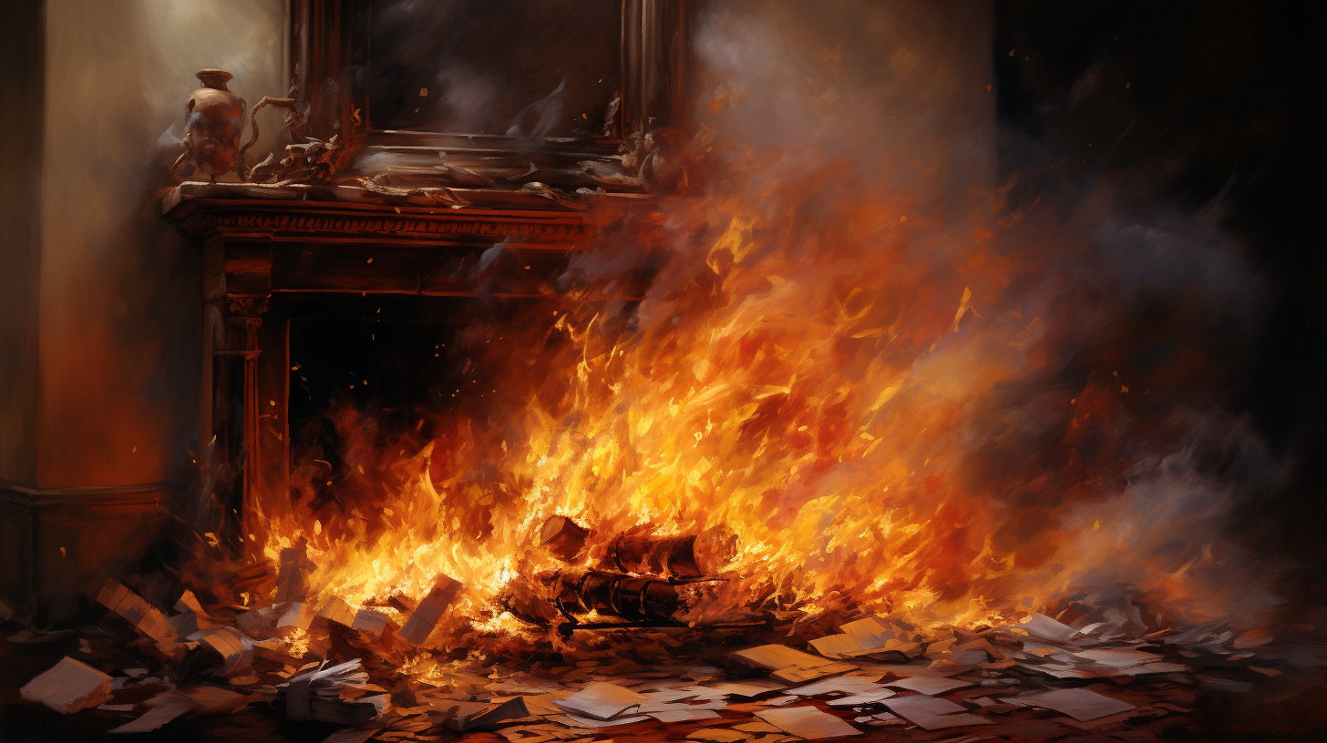 Burning envelop in fireplace art