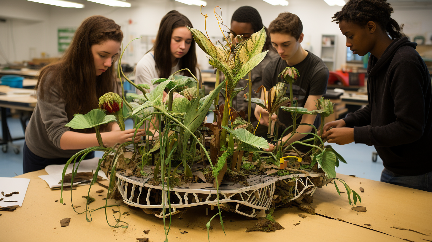 Students constructing eolic plant model