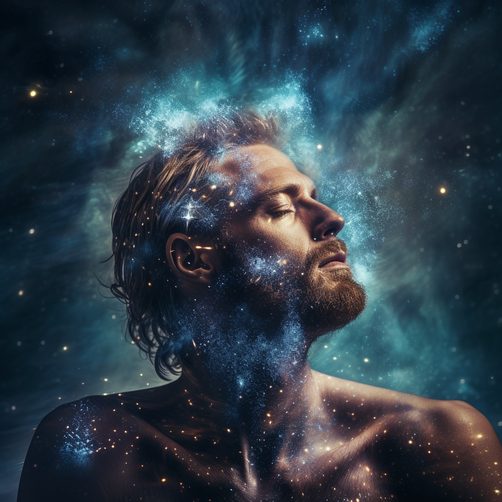 Remarkable double exposure portrait of a male in a cosmic universe