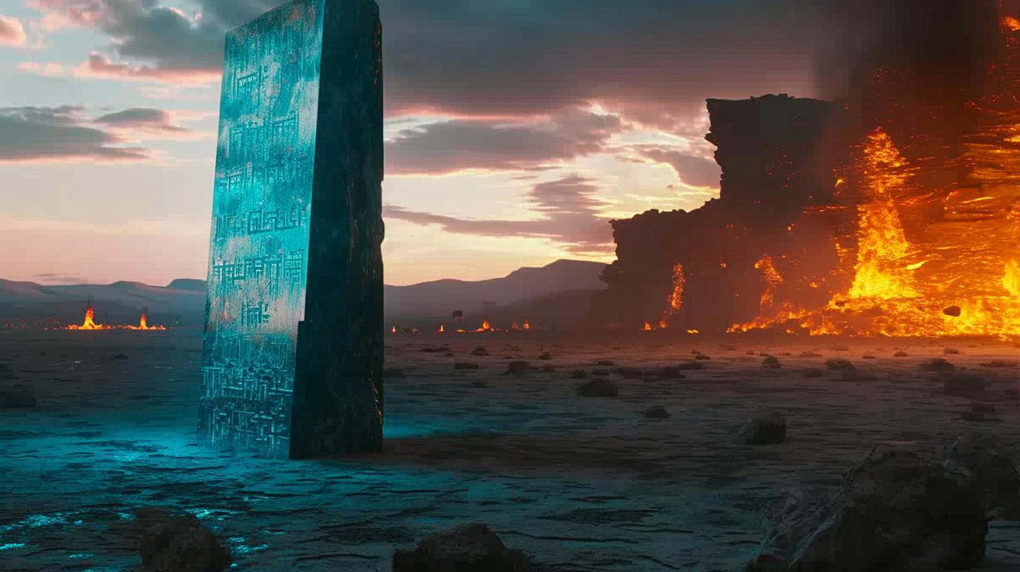 A cyan monolith with glowing inscriptions in the desert