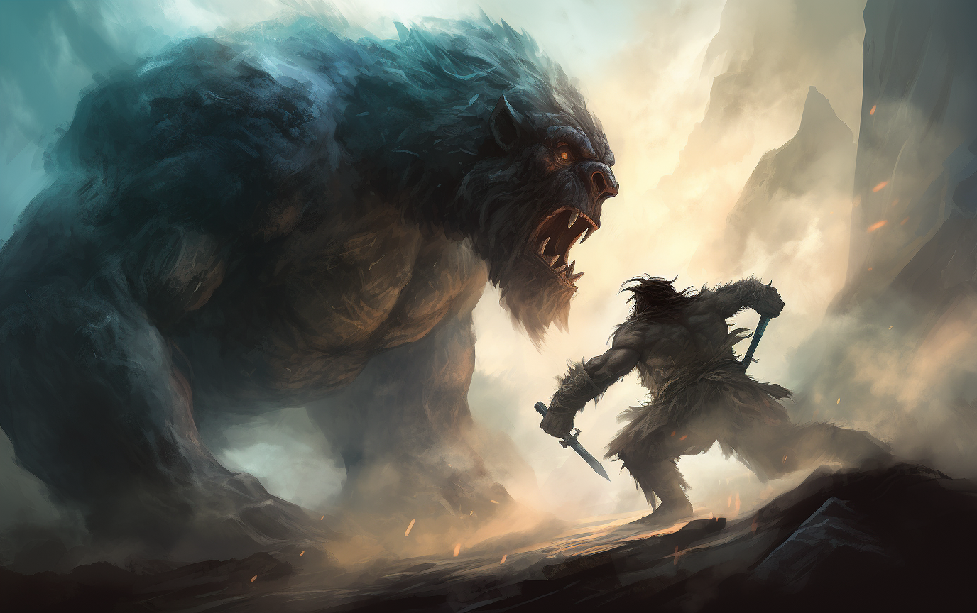 Epic fantasy battle with huge beast