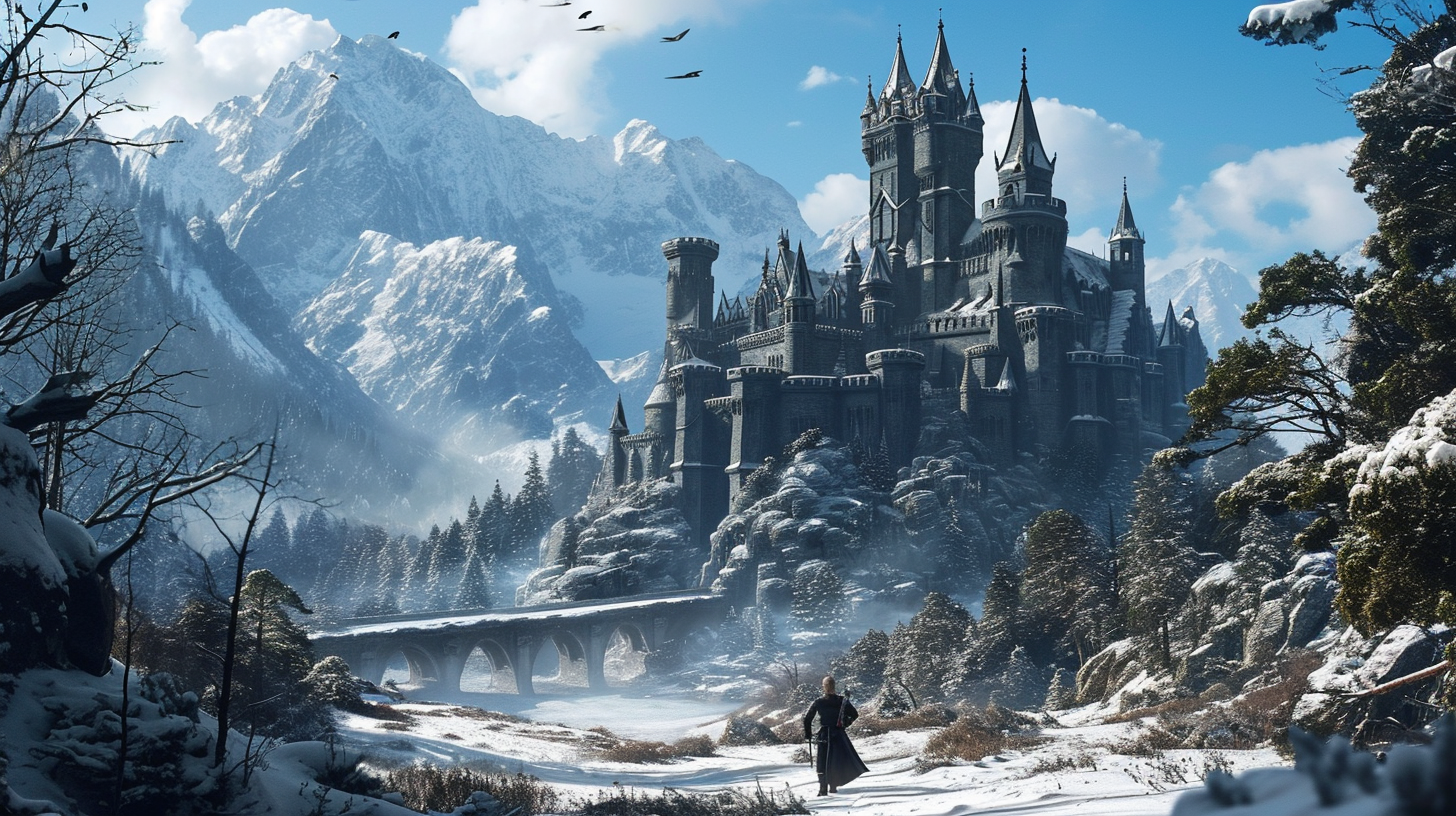 Snowy epic fantasy castle in mountains