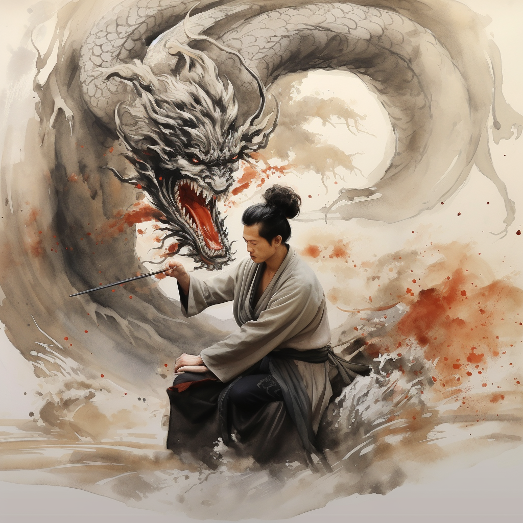 Chinese warrior dragon painting