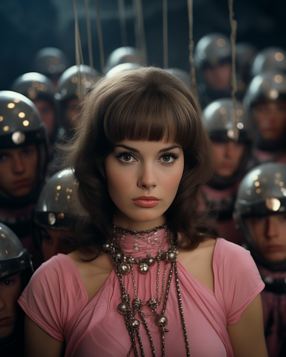 Woman in pink dress surrounded by soldiers in an epic space travel scene