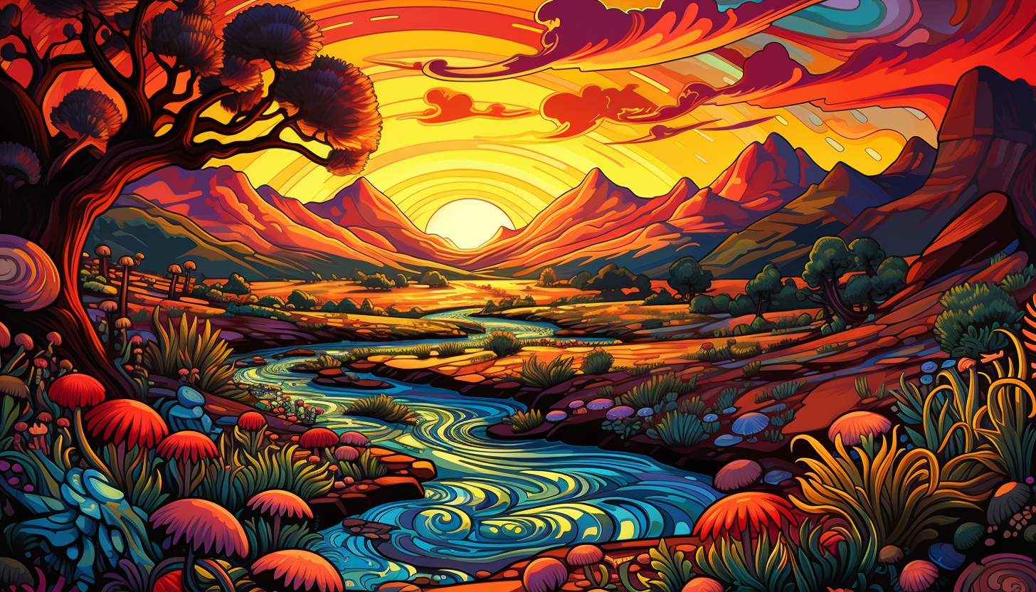 Vibrant Sunset Landscape with Unique Desert Flora