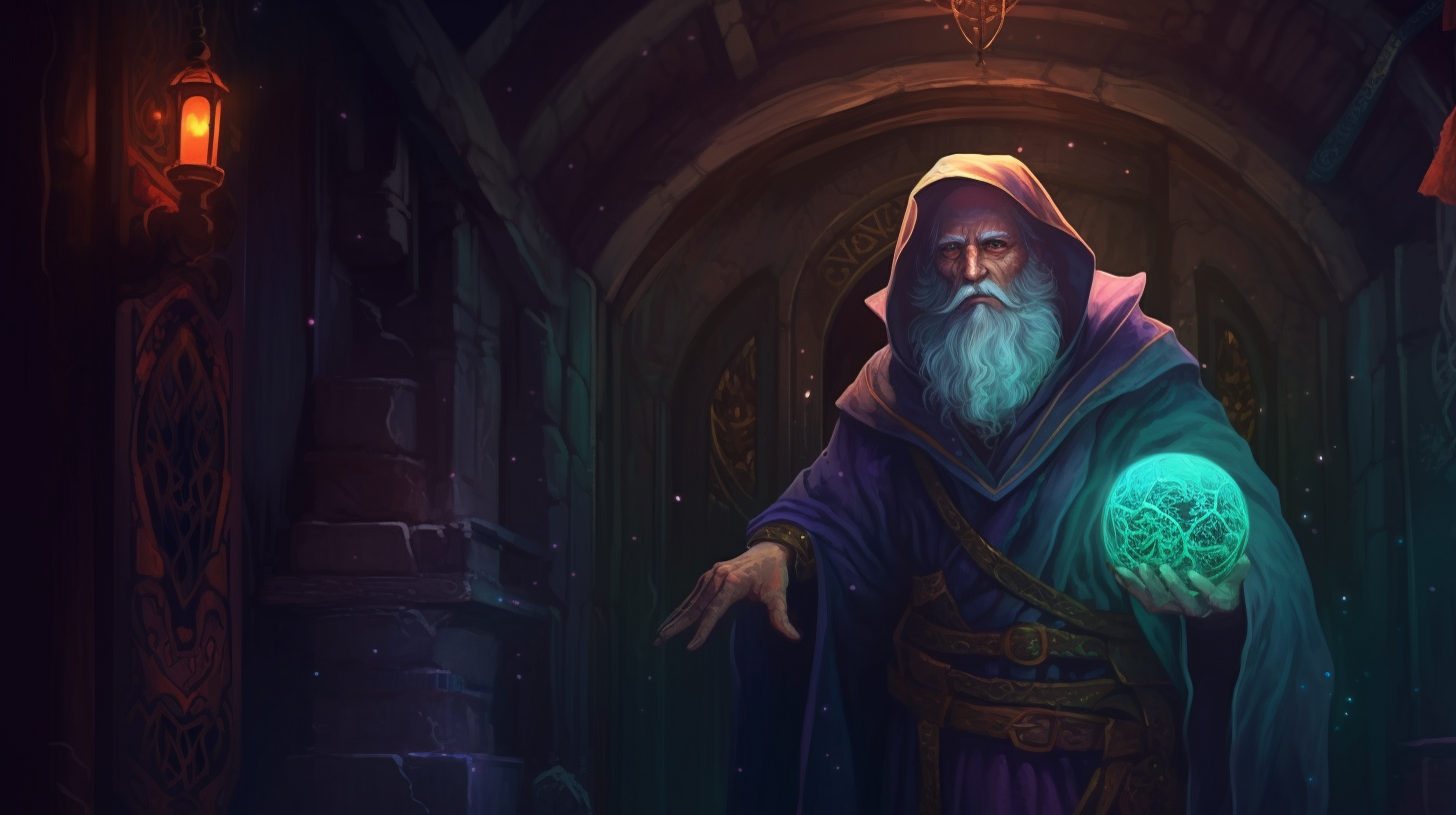 Epic D&D illustration with vibrant colors and eldritch wizard