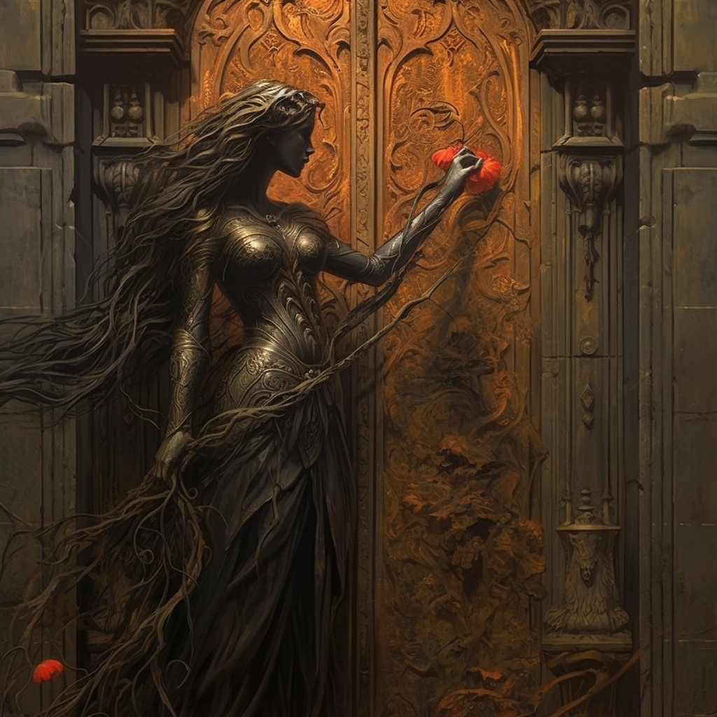 Persephone pointing to a large door