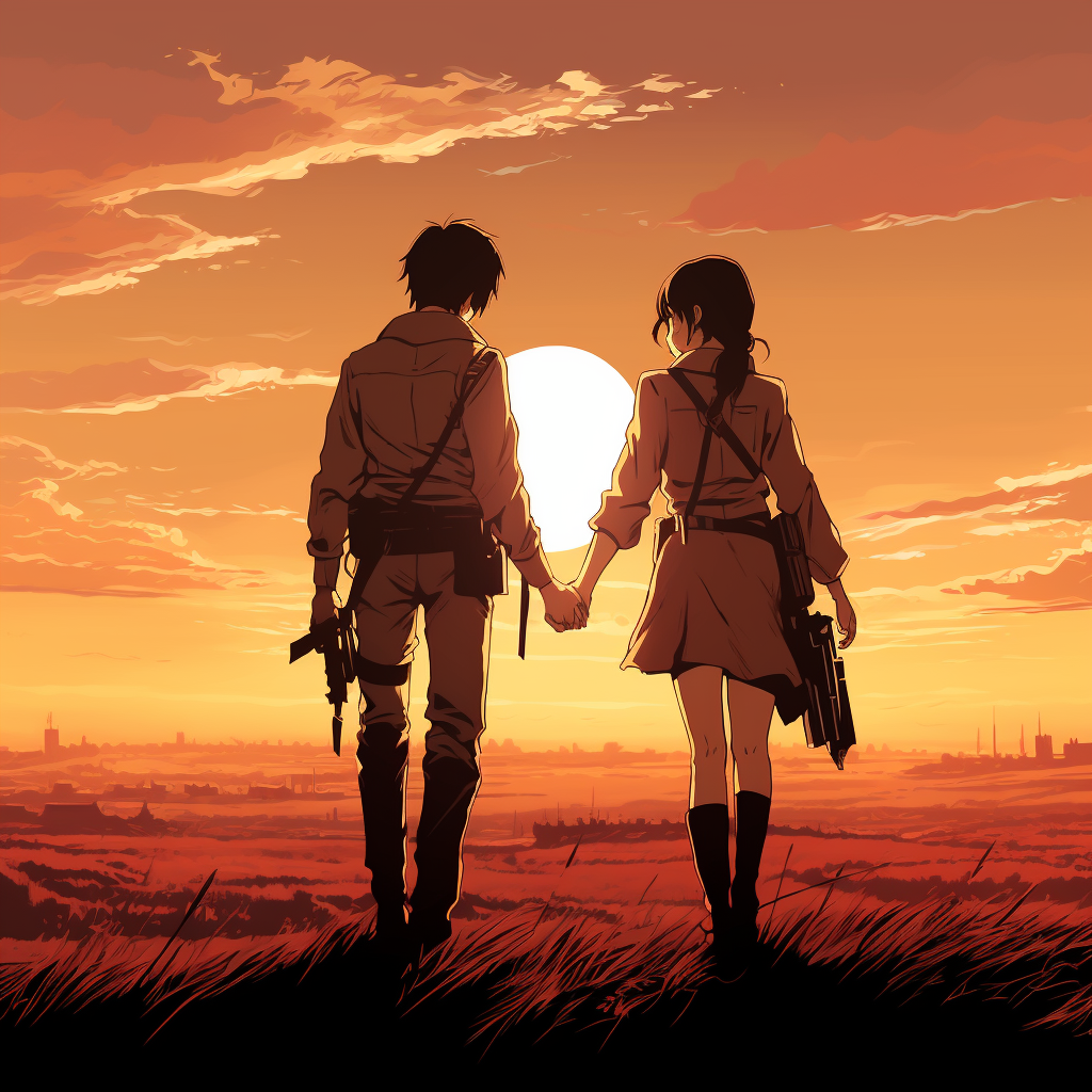 Eren and Mikasa holding hands at sunset