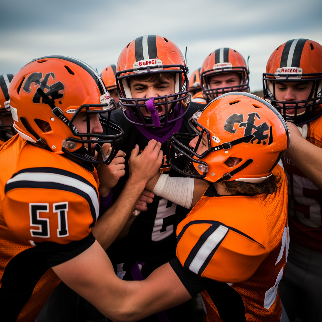 Erie High School Tigers Football Team Playing Against Holy Family High School with 2 Players Fighting