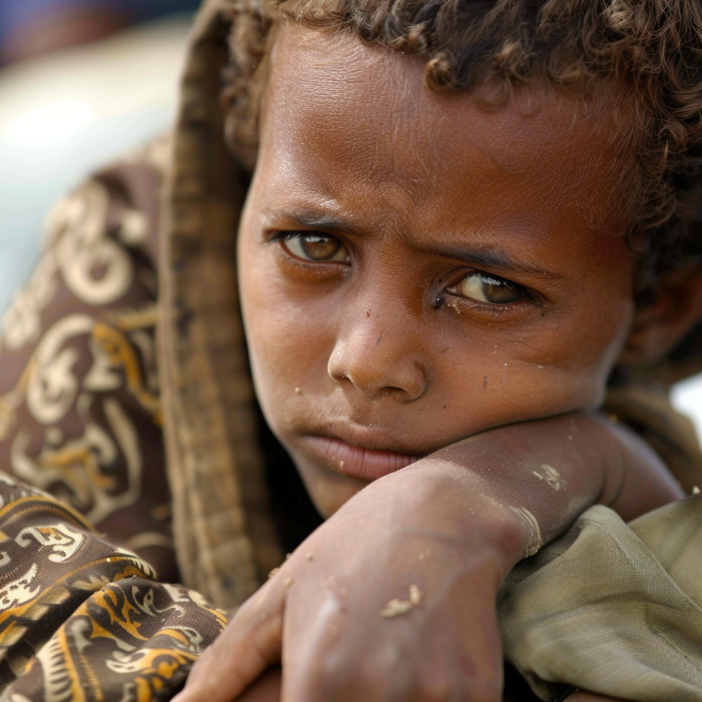 Sad Eritrean child in refugee camp