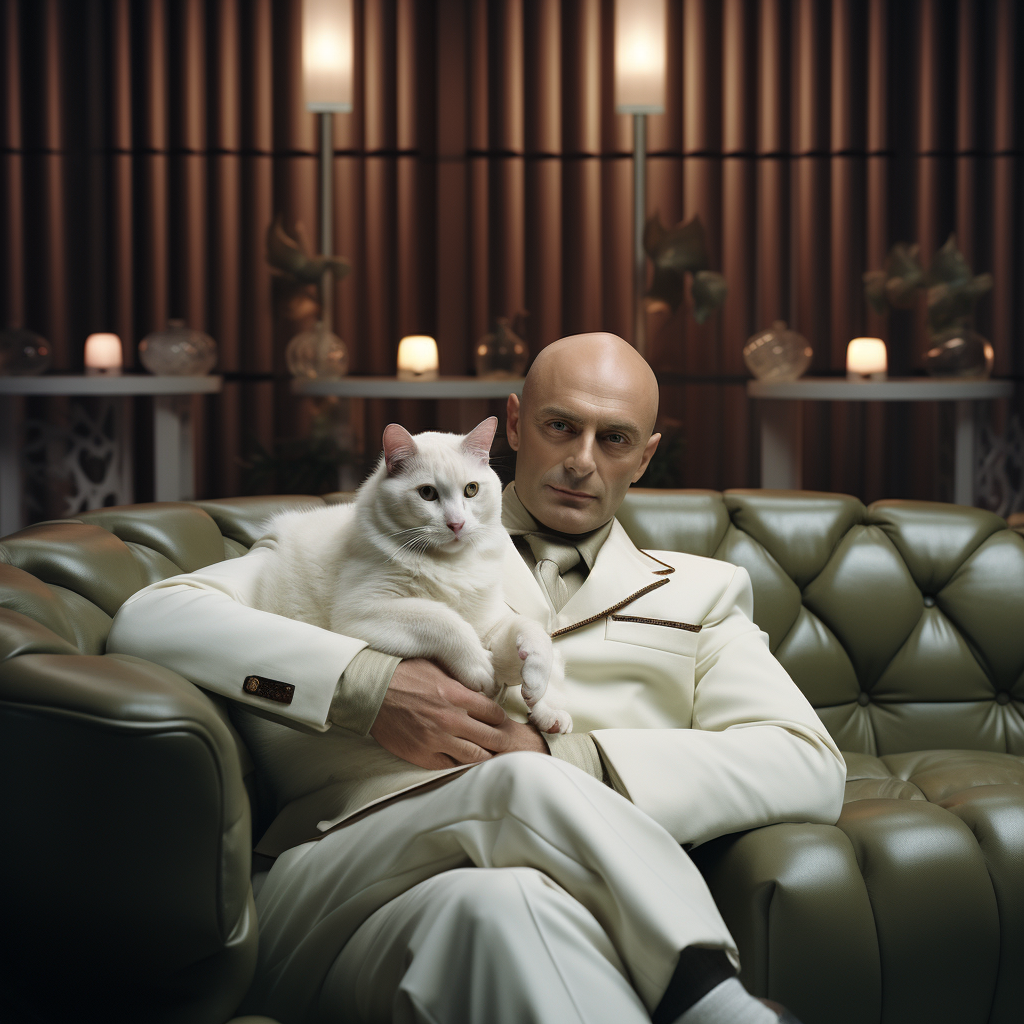 Villain Ernst Stavro Blofeld petting his cat