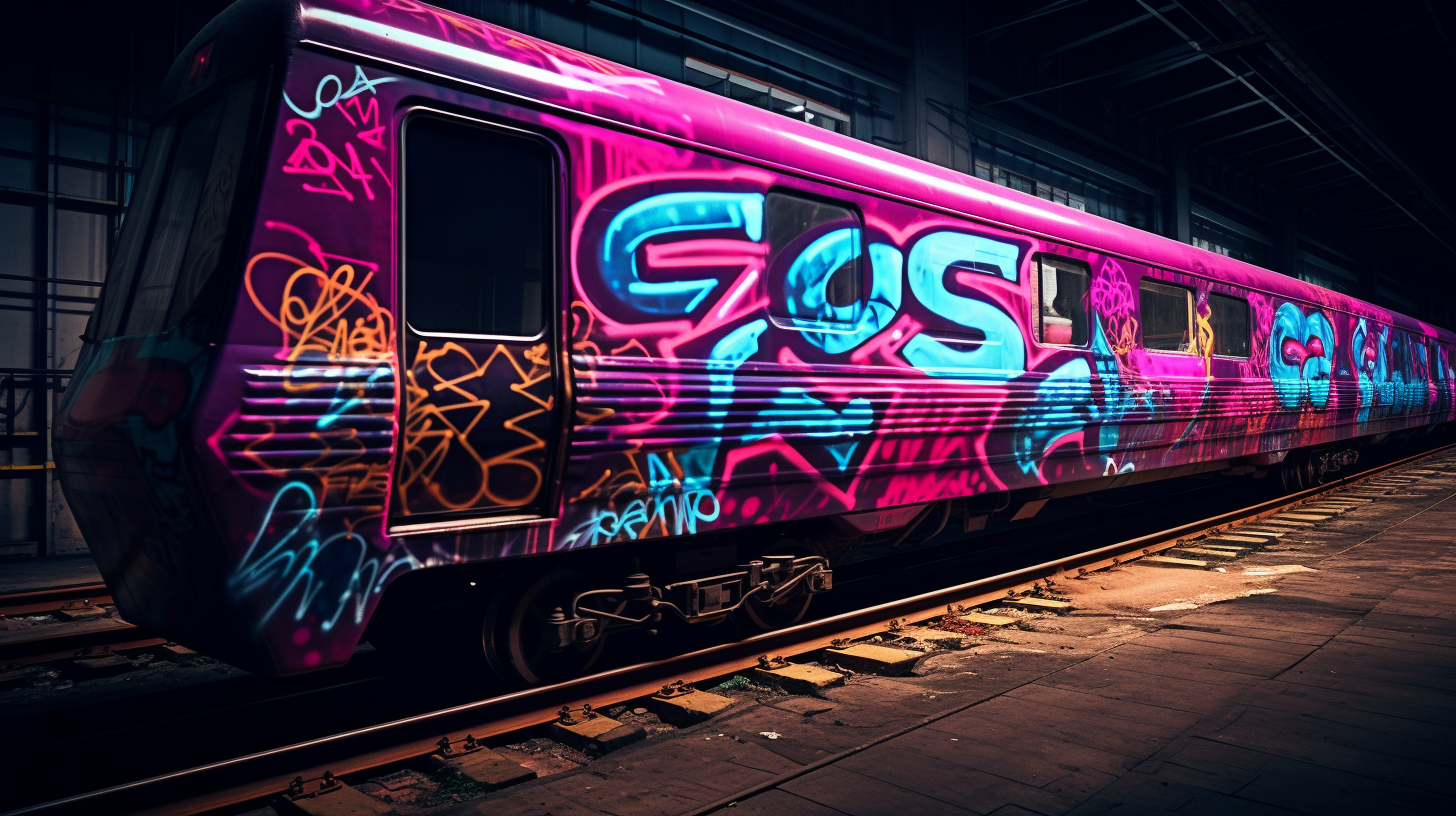 Neon cyberpunk graffiti on train carriage