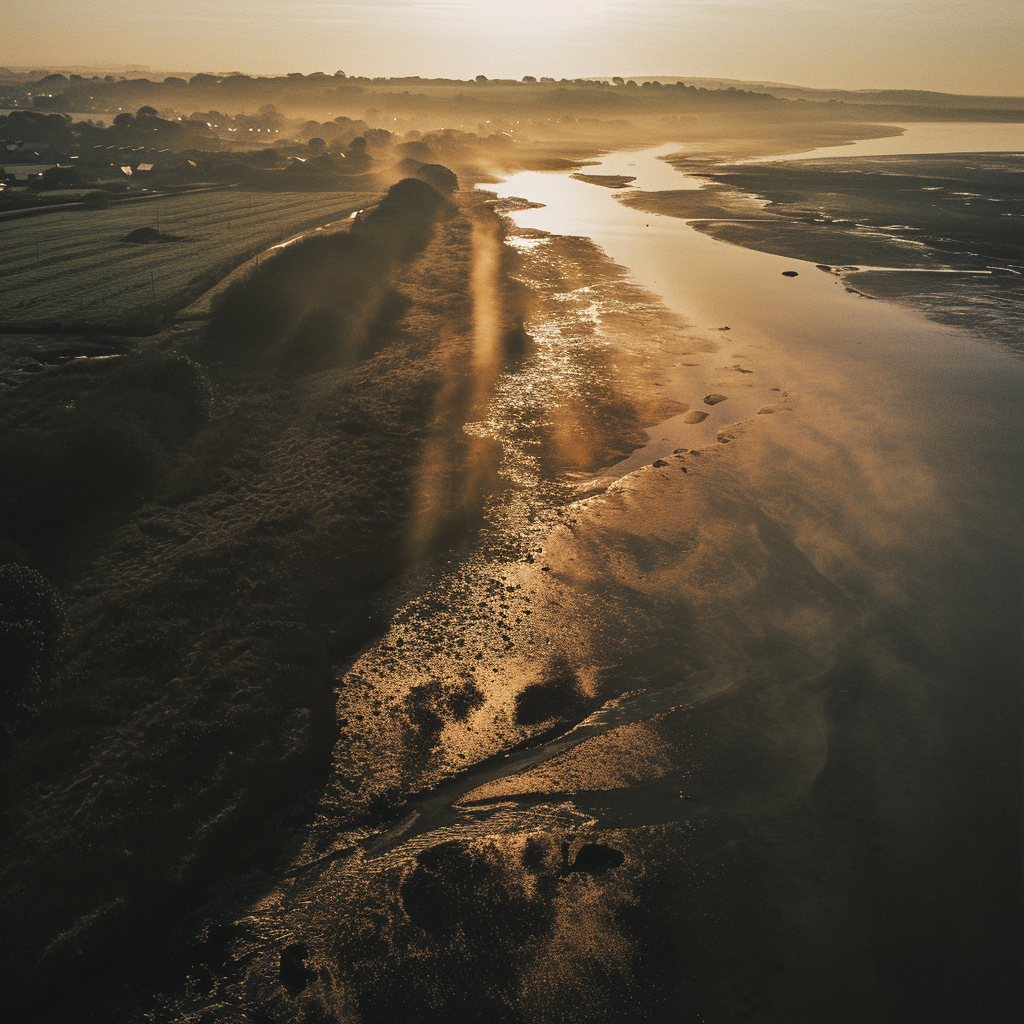 Aerial view of misty estuary with lens flare