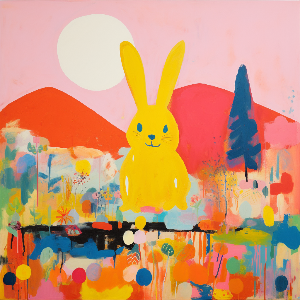 Vibrant painting of Bad Bunny by Etel Adnan