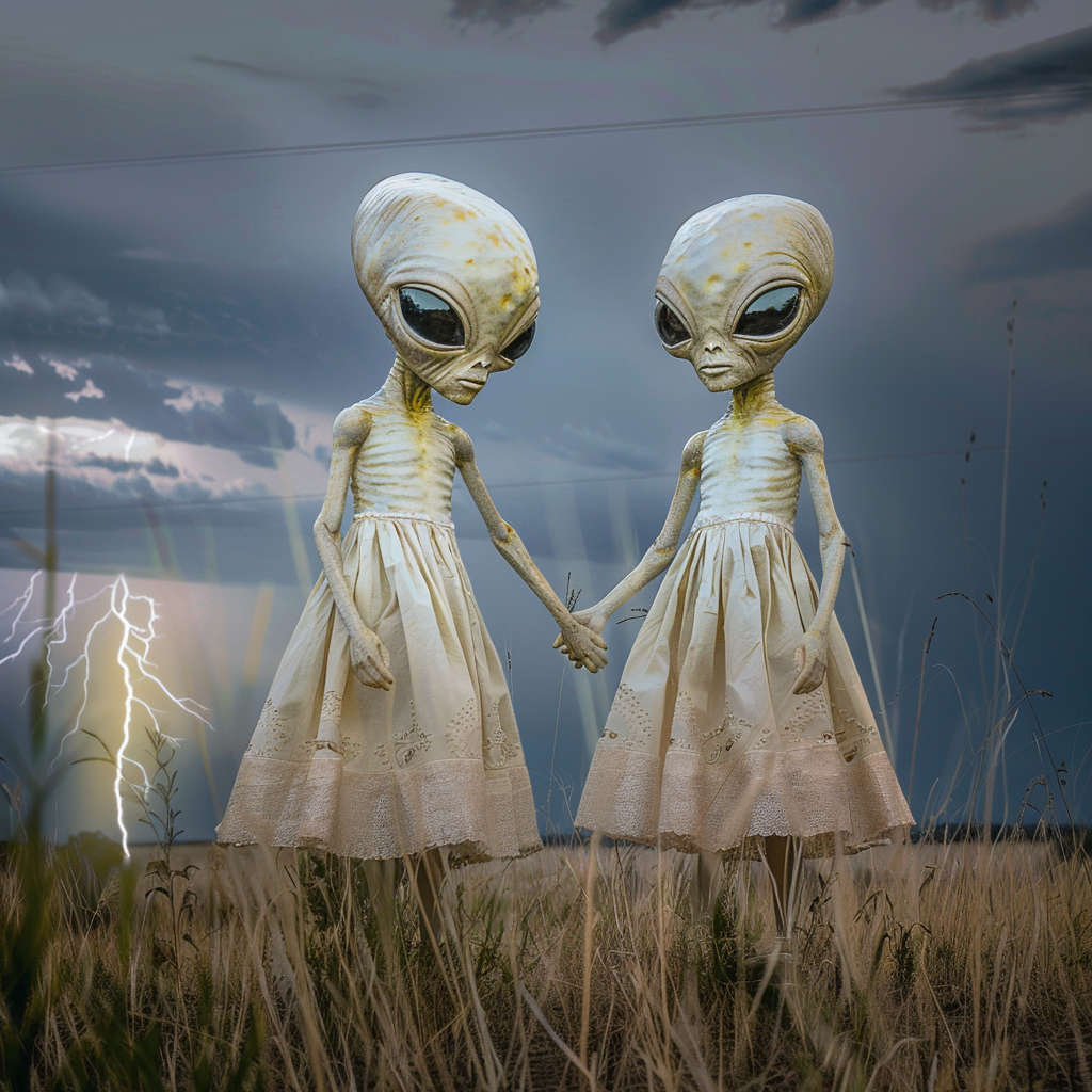 Two beautiful ethereal aliens watching storm