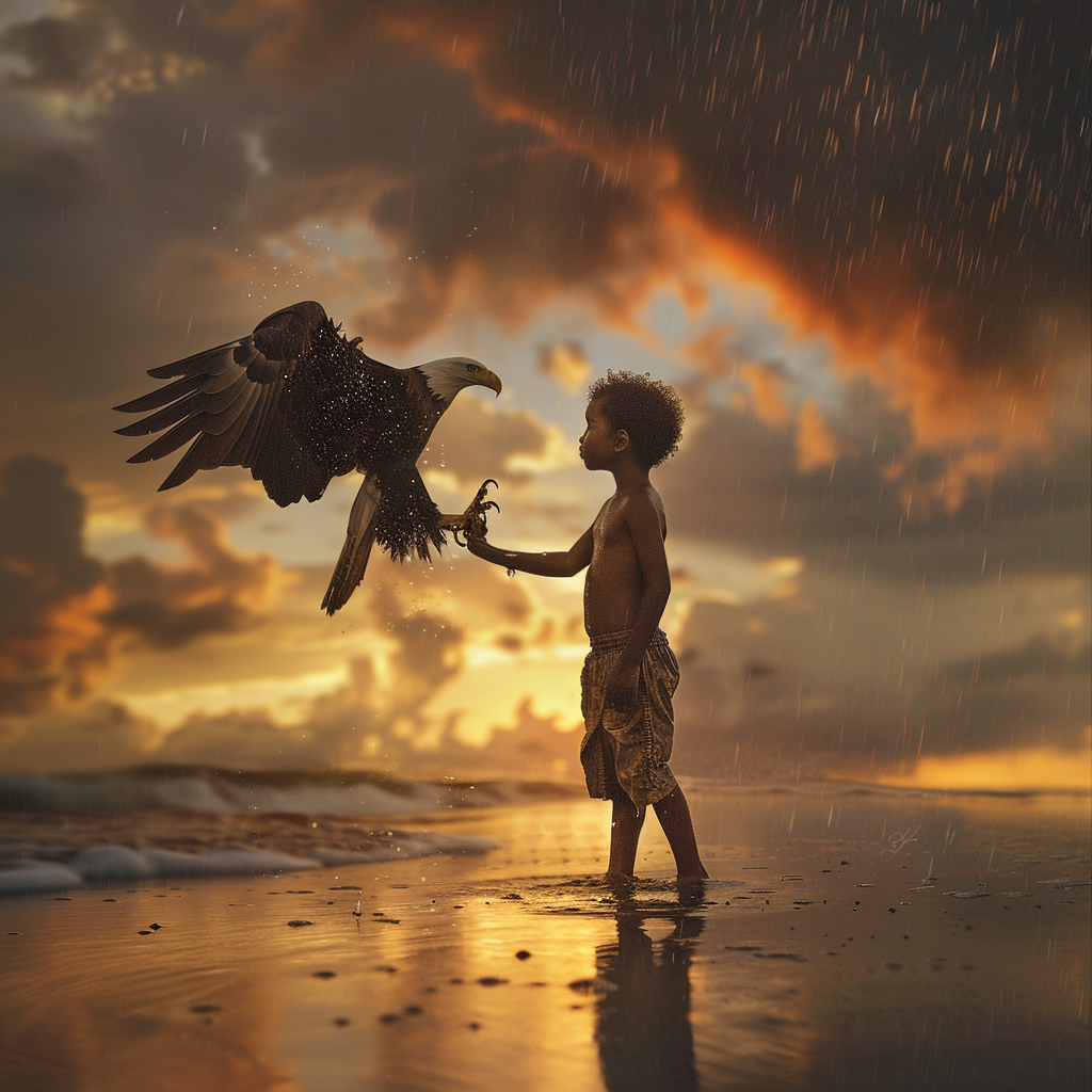 African-American child with American Bald Eagle on beach