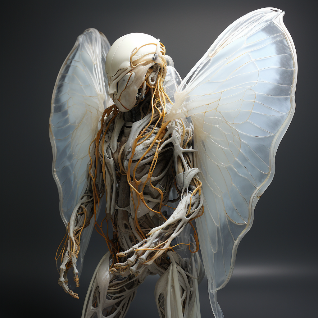 Photorealistic humanoid cicada being with translucent wings