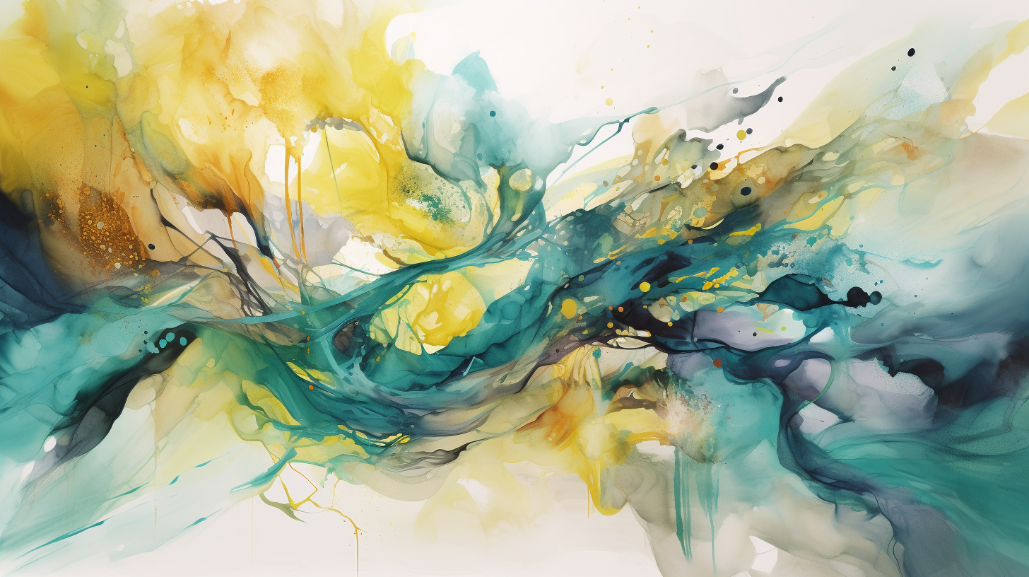 Ethereal watercolor artwork with vibrant yellow and teal abstract waves