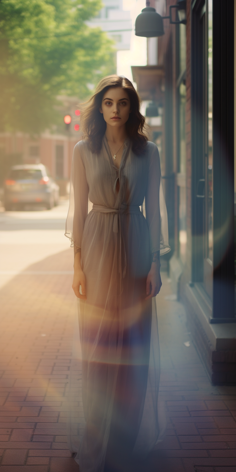 Ethereal woman standing on sidewalk, sheer, facing camera