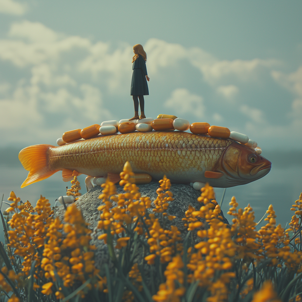 Ethereal woman standing on fish capsules