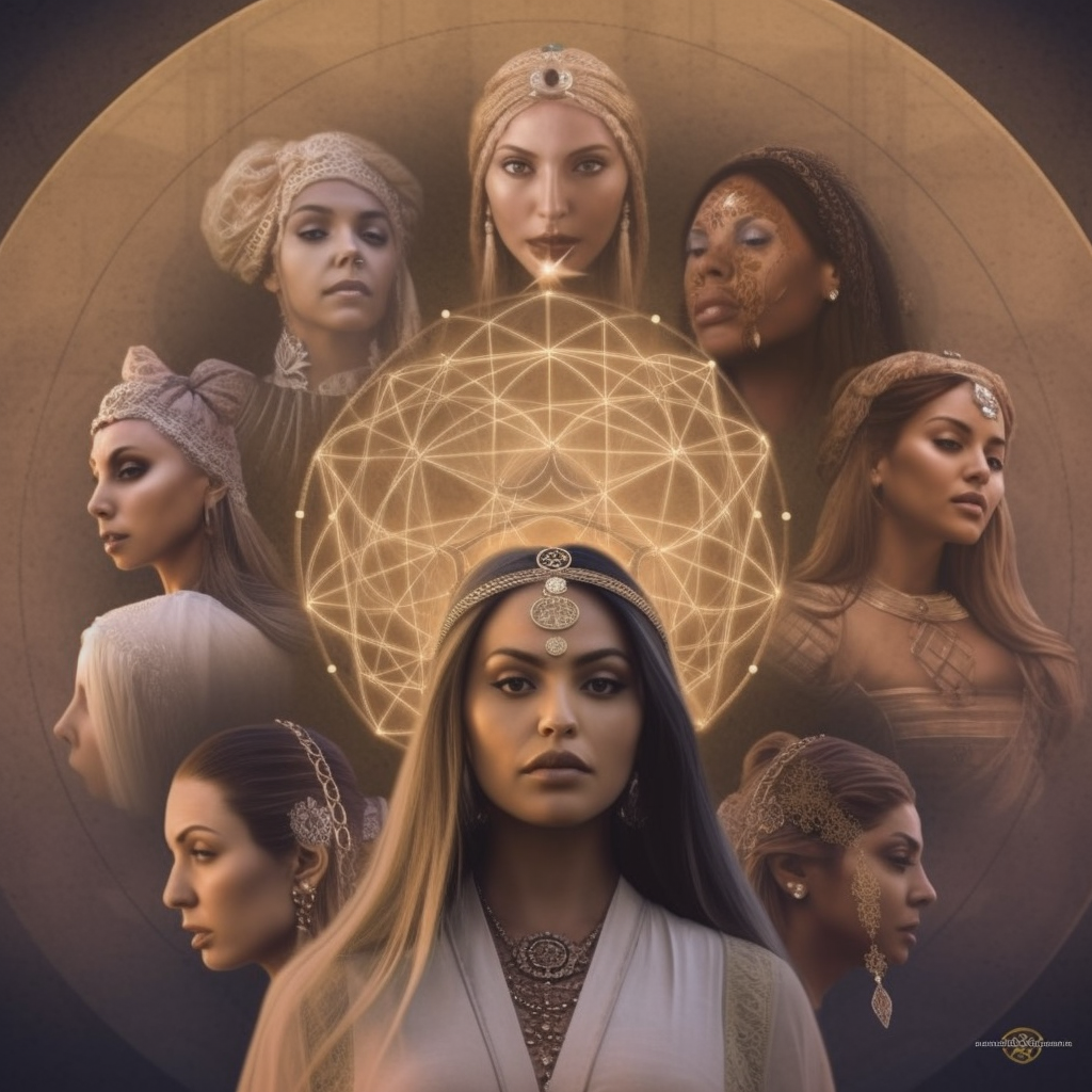 Ethereal women connecting in sacred geometry circle