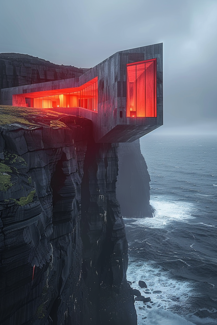 Ethereal building Faroe Islands cliffs geometric