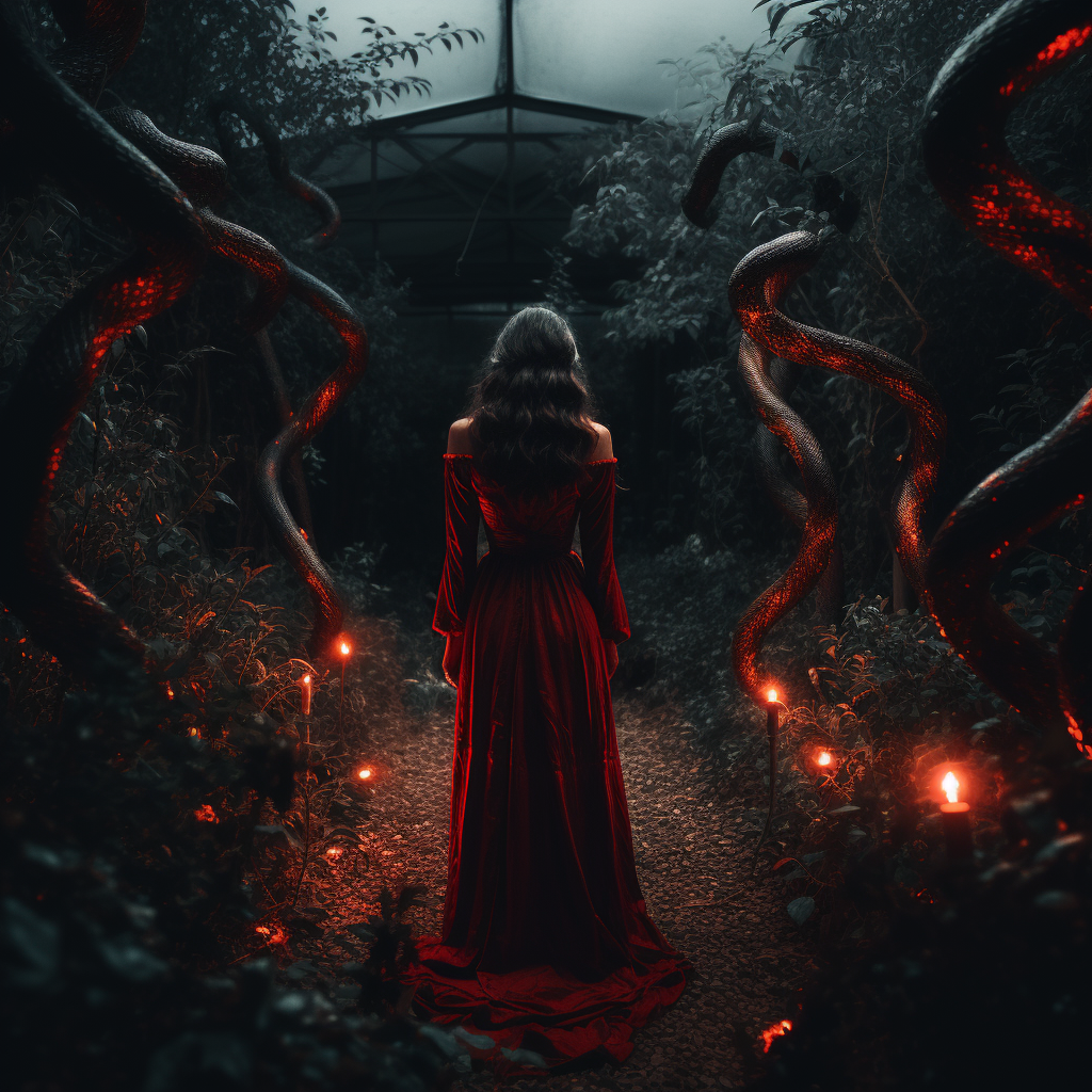 Woman in red dress with snake in ethereal garden.