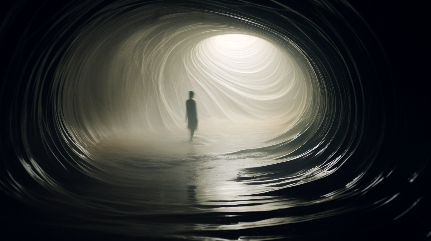 Ghostly man and child wander in tunnel with water ripples