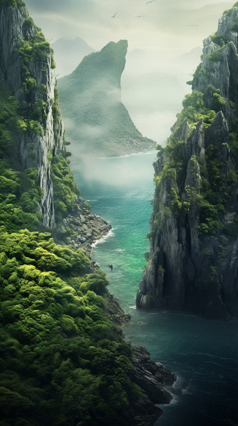 Majestic ethereal island surrounded by lush greenery