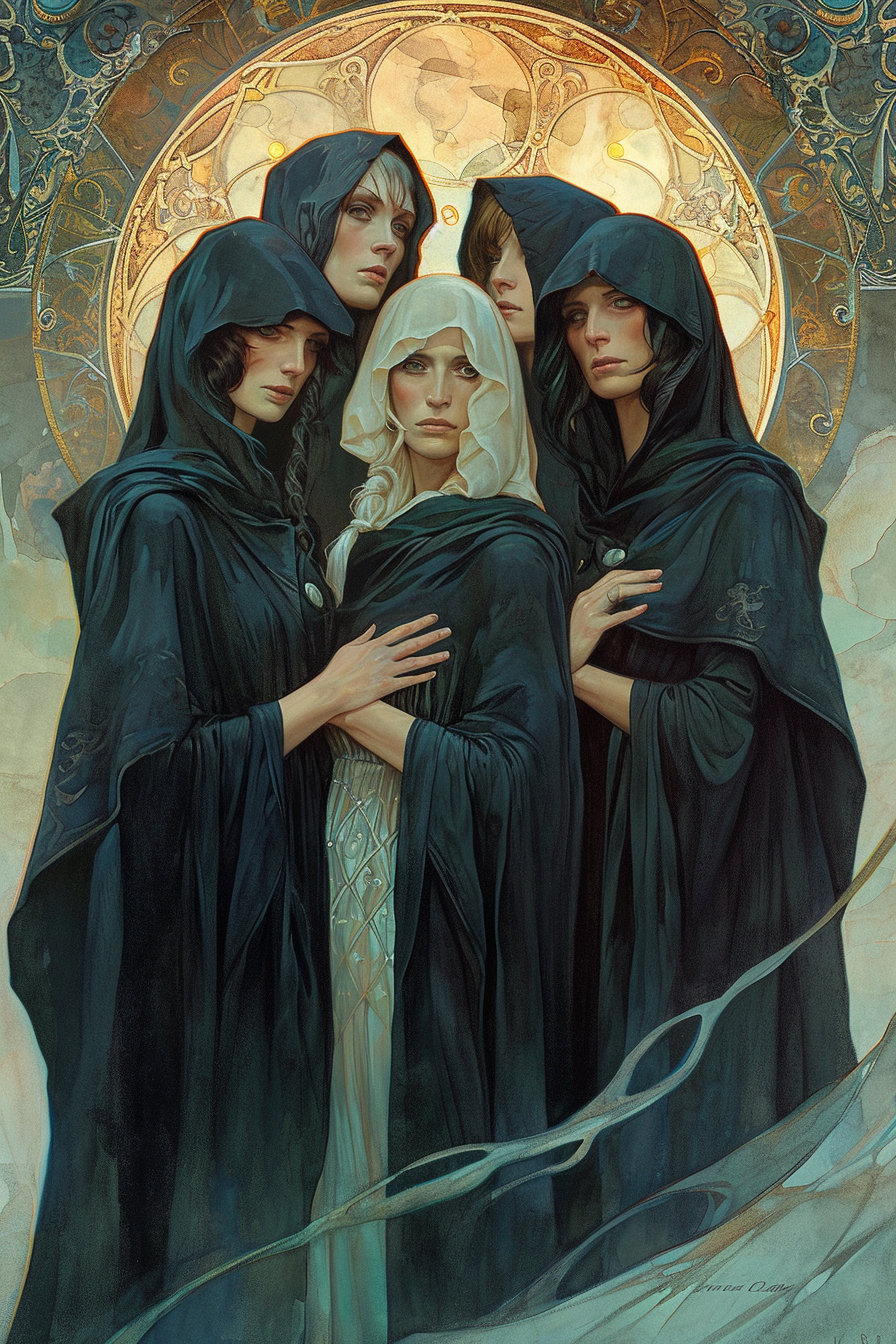 Four women in beautiful black hooded cloaks