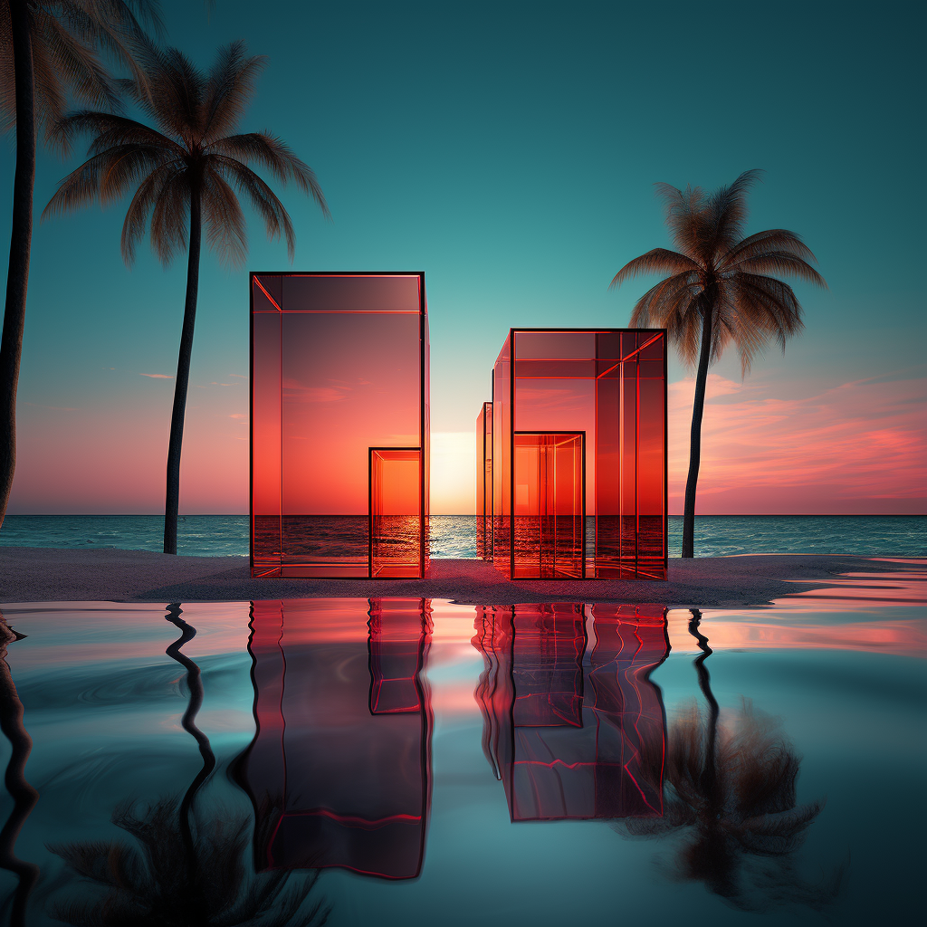 Surrealistic futuristic water scene with palm tree