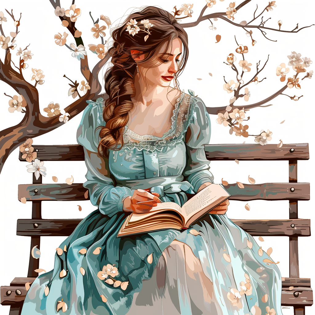 Beautiful ethereal woman reading on bench