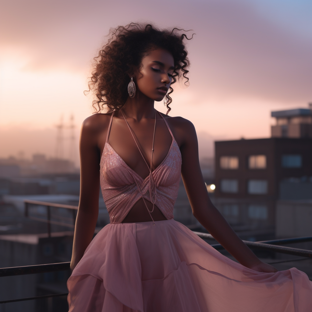 Young Ethiopian Woman in Pink Dress at Twilight