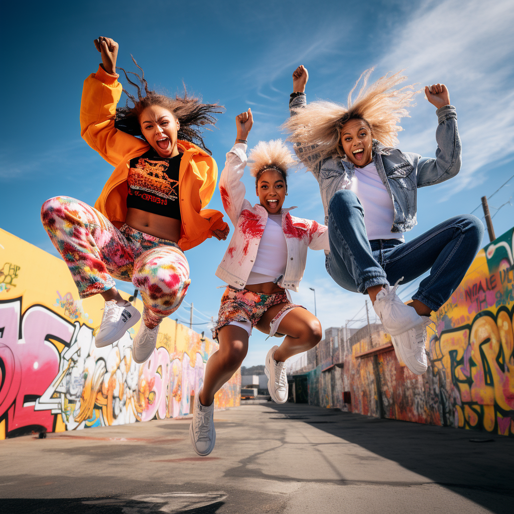 Ethnic Gen Z Girls in Supreme Streetwear Jumping Off Curb