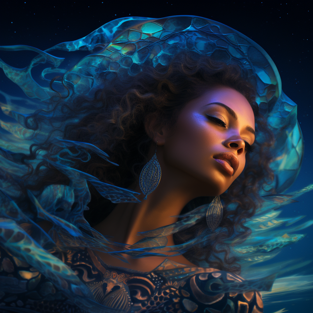 Beautiful telepathic Latina mermaid surrounded by fractal waves