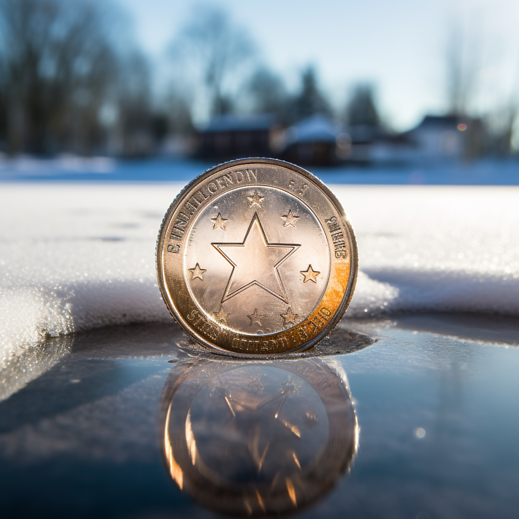 Euro coin frozen inside clear ice cube