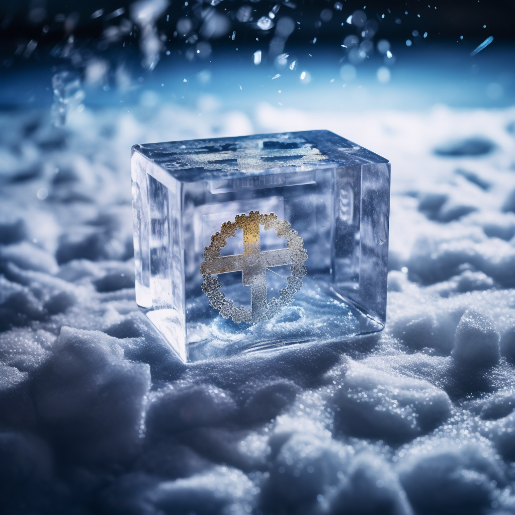 Euro inside ice cube on snowy background