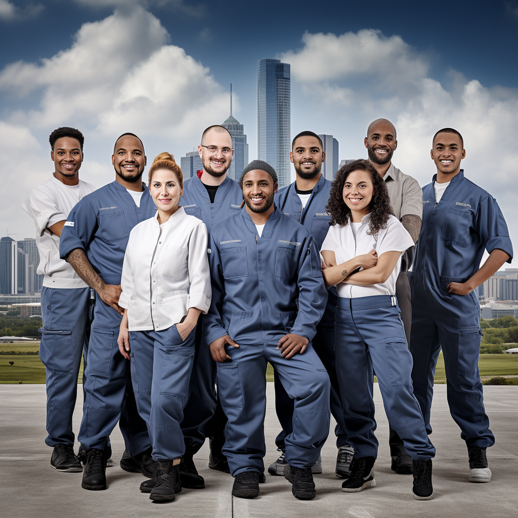 European workers smiling with Houston Texas skyline