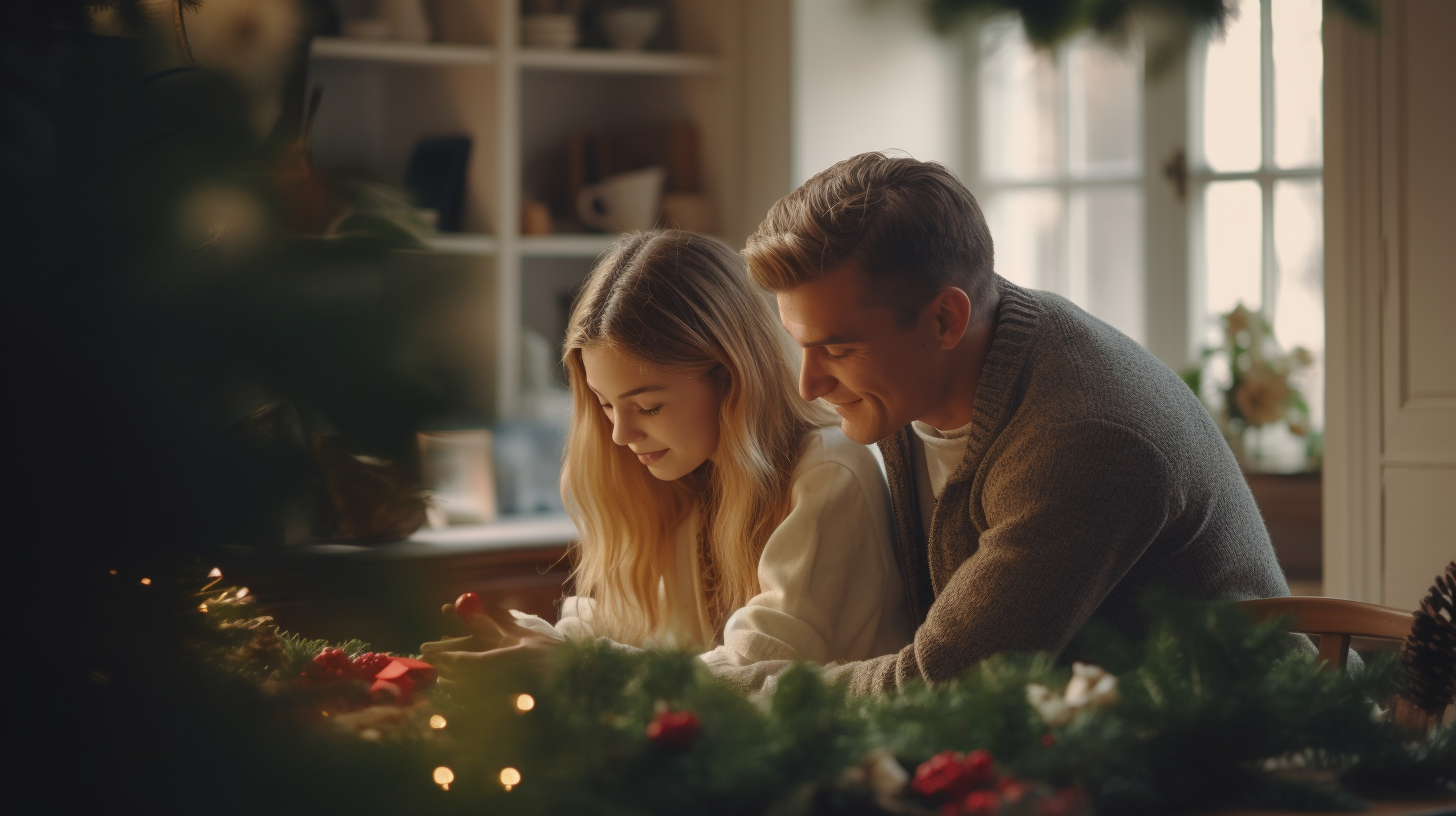 Young European couple decorating Christmas tree