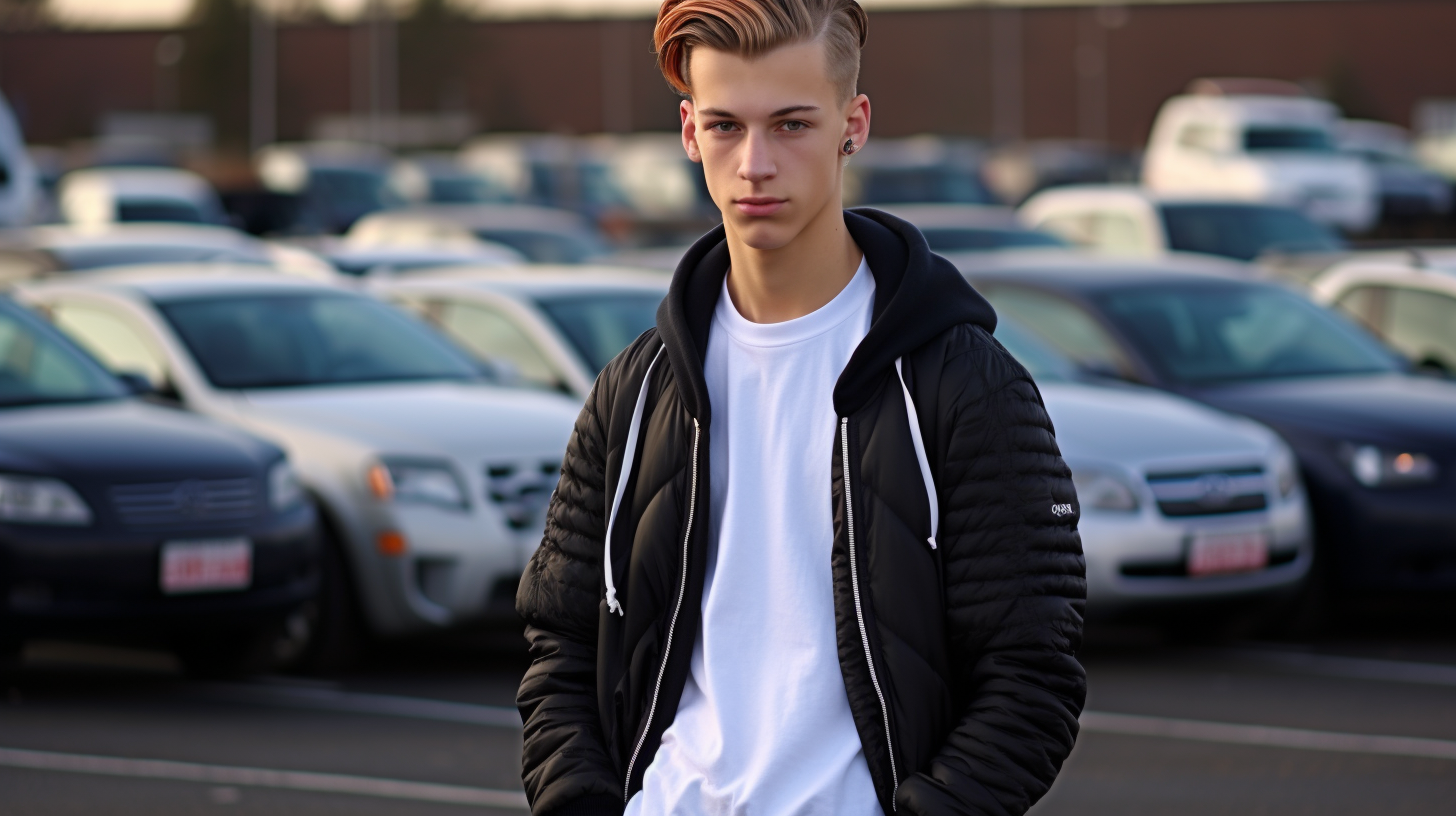 European male high school student with black sports car