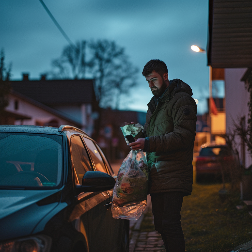 European Man Checking Phone Near Car with Bags of Food