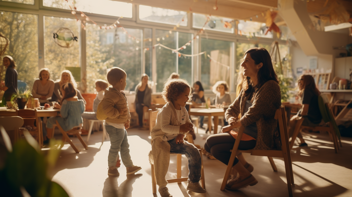 European mothers and children playing in community centre