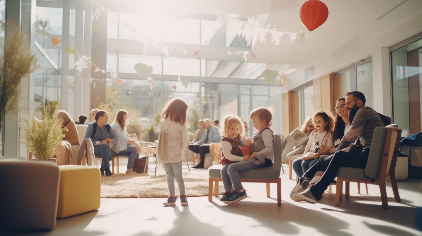 European parents and children playing in community centre