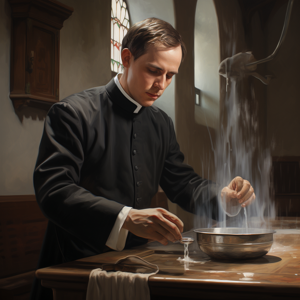 European priest sprinkling water from plate