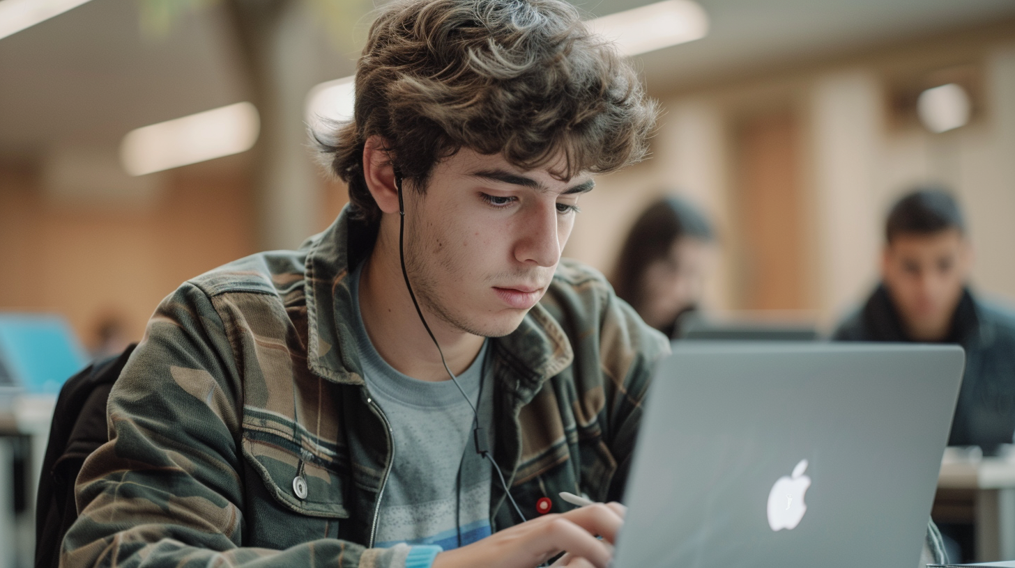 European student using MacBook in classroom