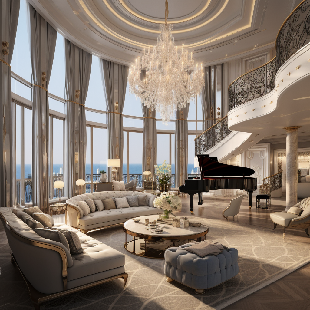 Luxurious double decker living room with grand piano