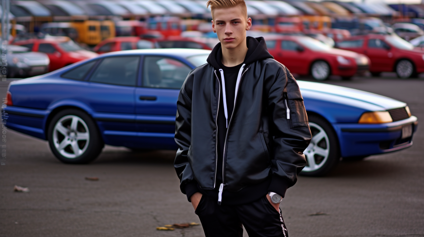 Stylish European Teenage Driver beside Black Sports Car