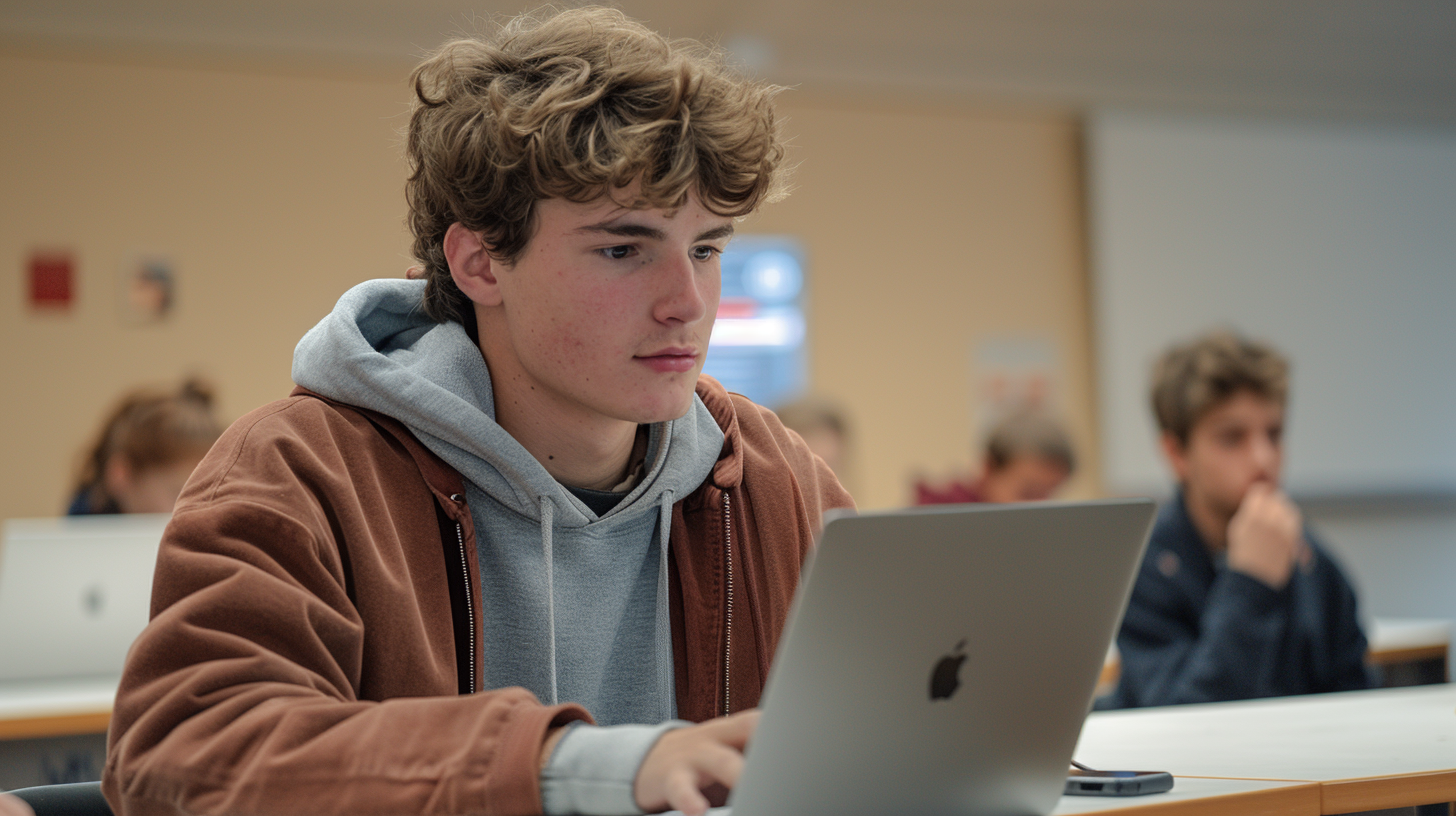 student using macbook in class