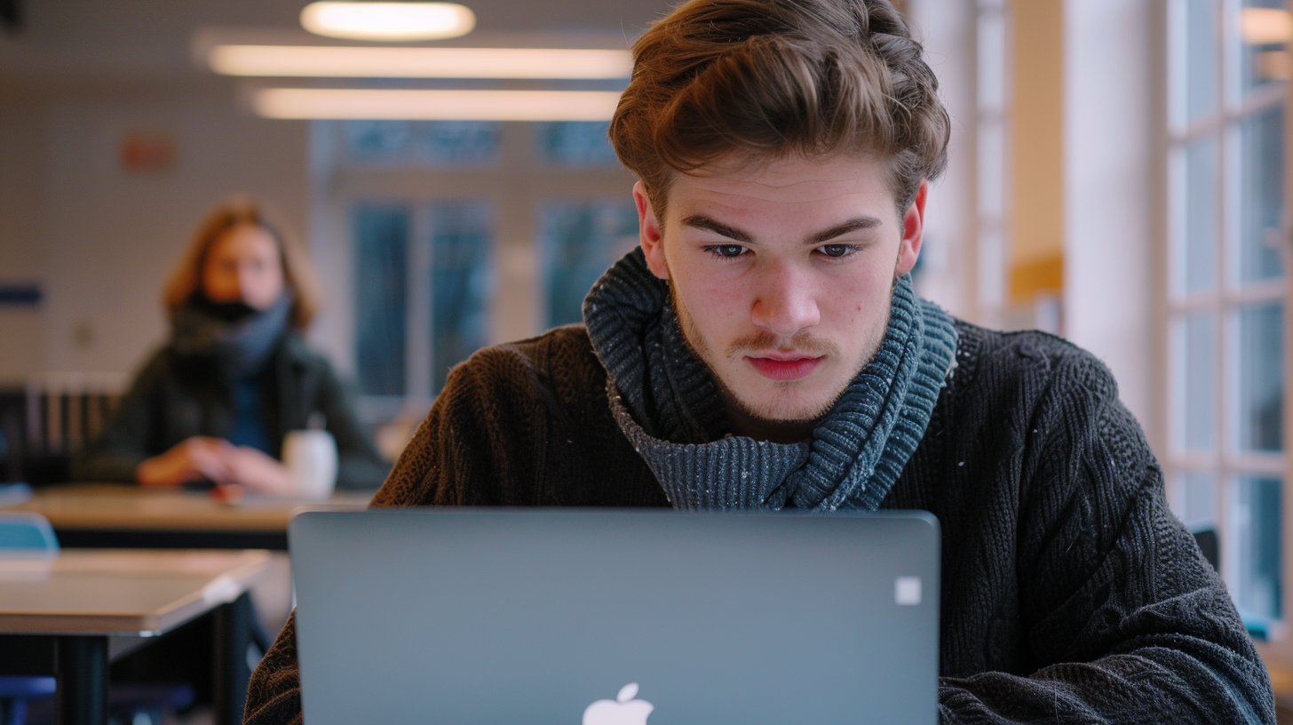 european student using Macbook in class